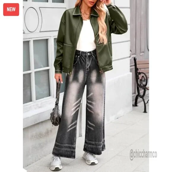 Faux Leather Bomber Jacket Oversized Fit Zip Up Women's Fall Winter Coat